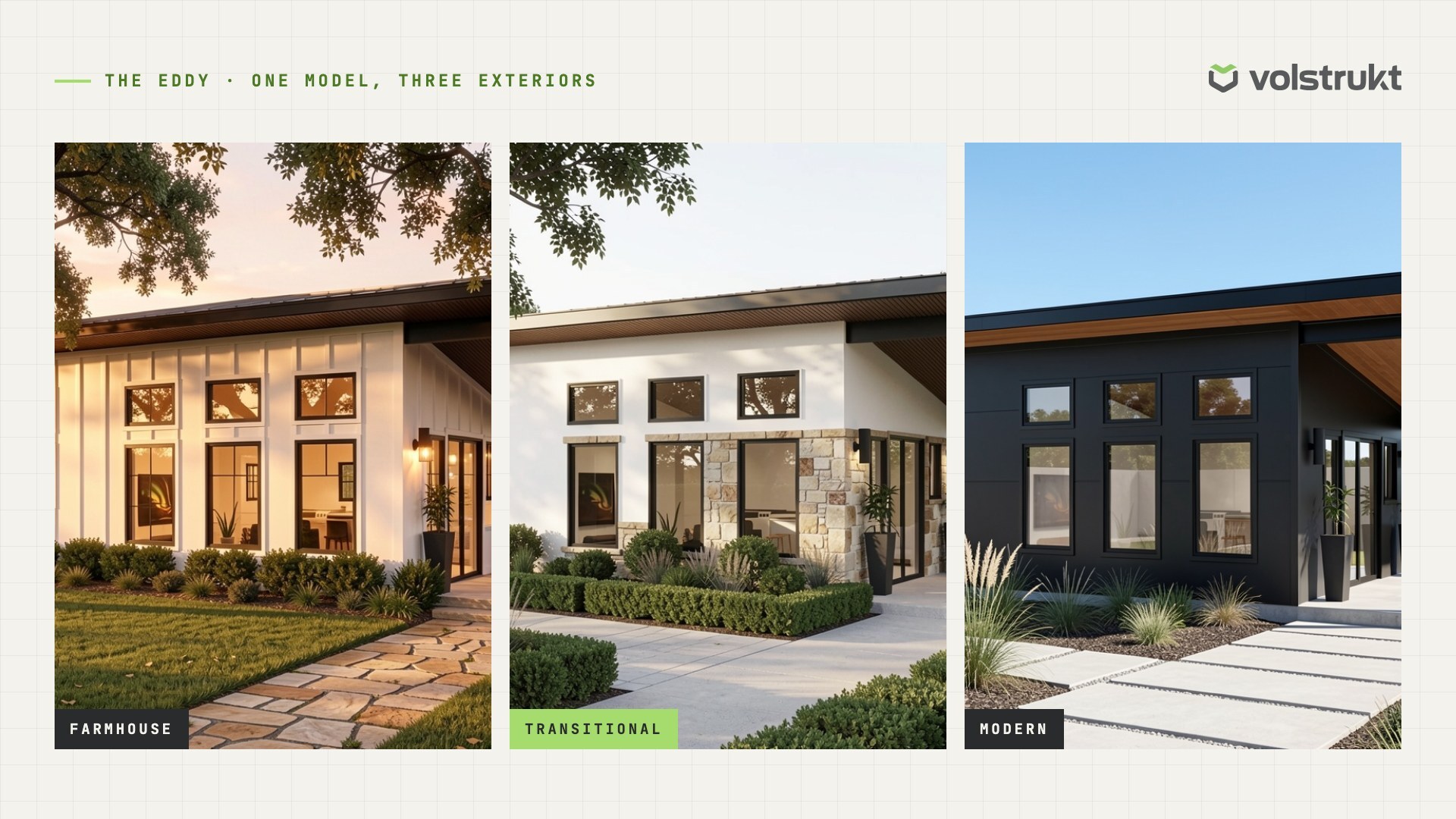 The Eddy ADU model shown in three exterior finishes: farmhouse, transitional, and modern
