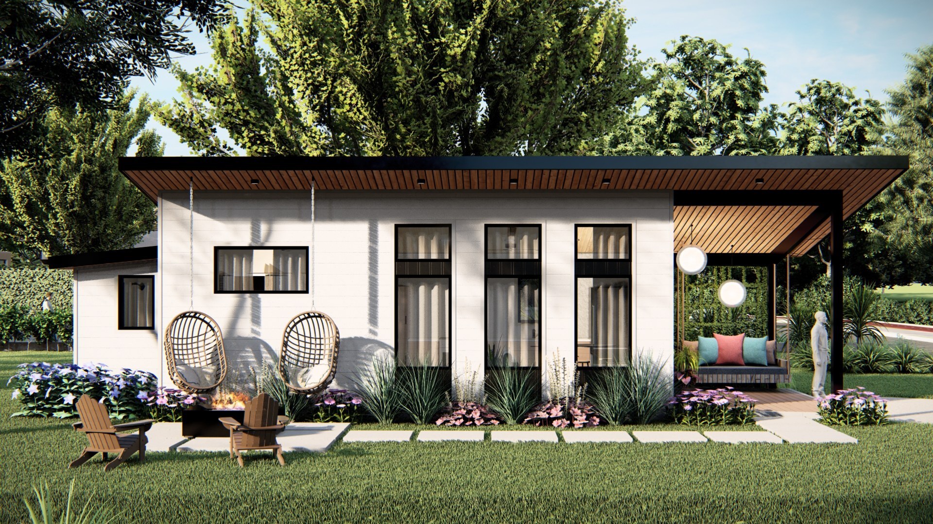 Small modern backyard ADU with a covered patio, lawn, and outdoor seating