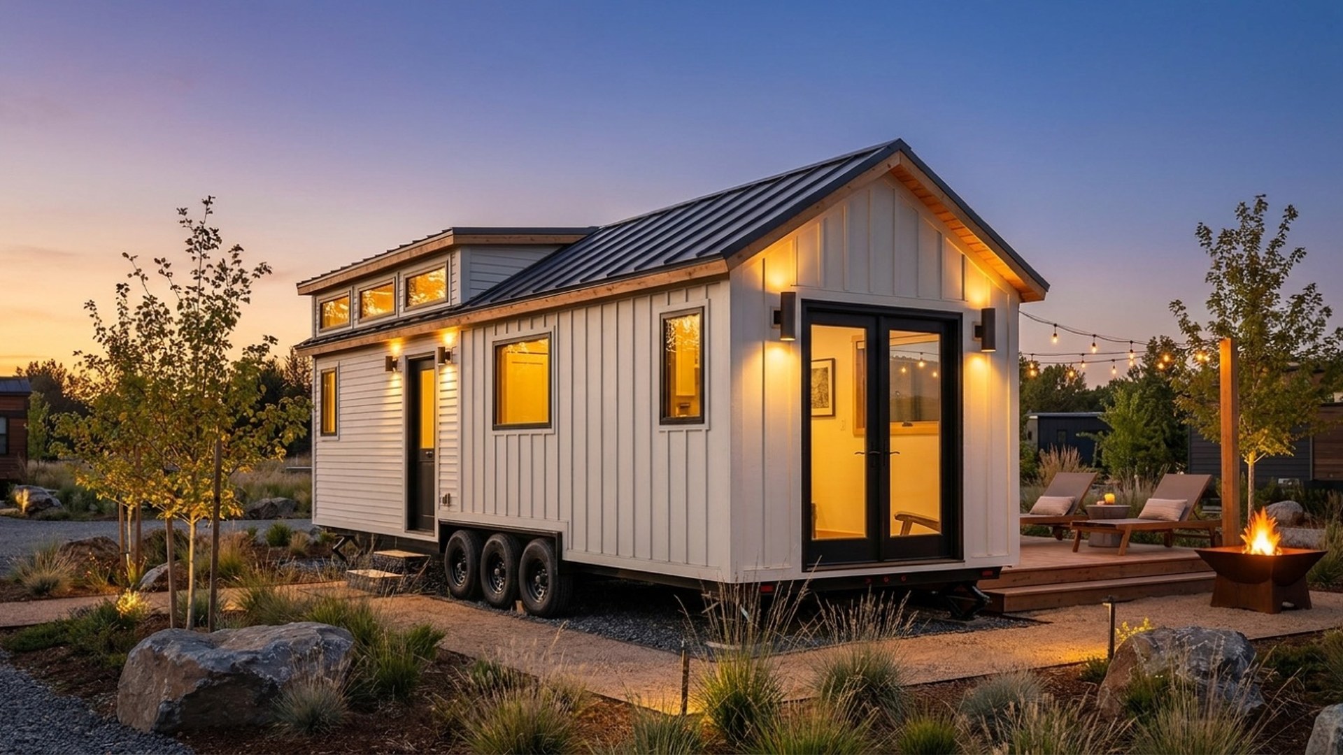 Tiny house on wheels with a covered porch, string lights, and a fire pit in a landscaped backyard at dusk