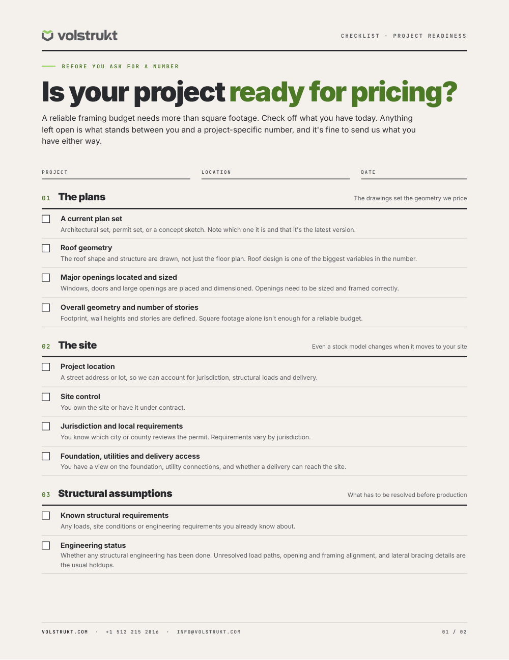 First page of the Volstrukt checklist 